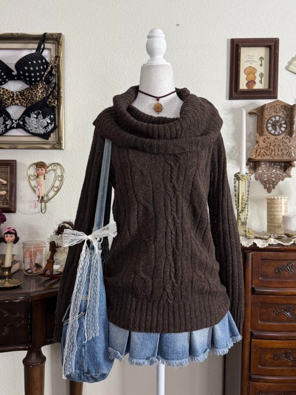 Cozy preppy whimsical fairy grunge brown cowl neck sweater